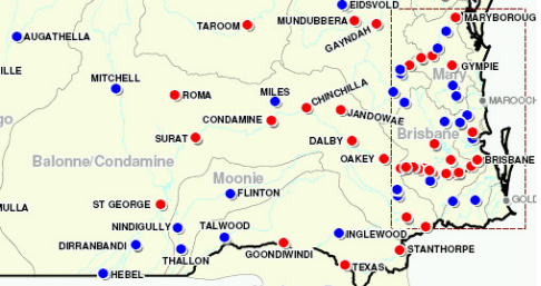 Location map - 2011 Chinchilla Flood (Red dots - flood inundated towns. Blue dots - flood affected towns)